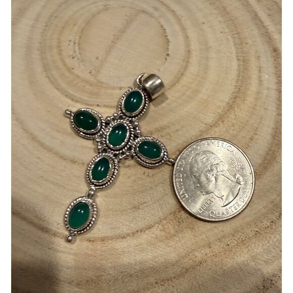Artisan Sterling Silver Green Onyx Cross Pendant Southwestern Whimsigoth grunge - Picture 4 of 7